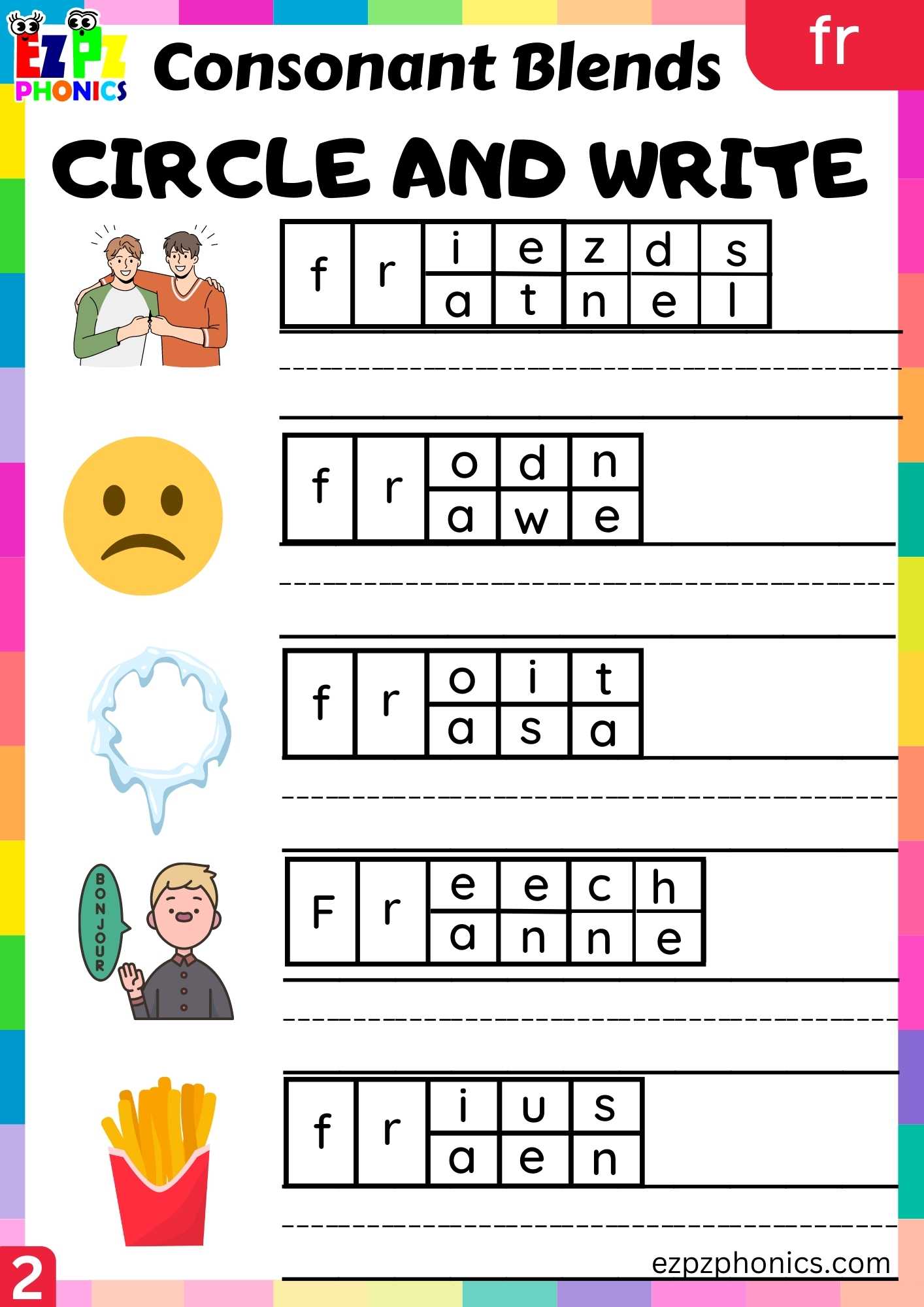 Group2 FR Words Circle And Write Phonics Consonant Blends Worksheet